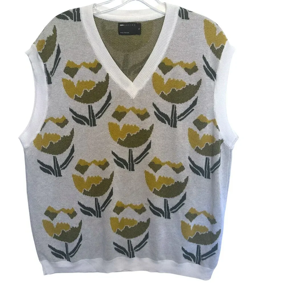 ASOS Design Knitted Tank Mens XL White Yellow Green Floral Sweater Vest